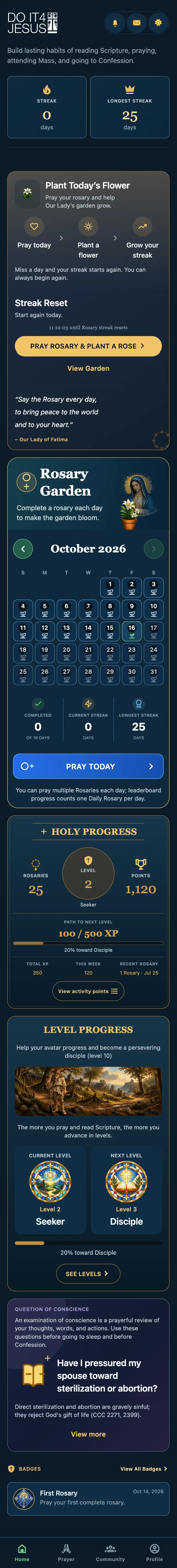 DoIt4Jesus dashboard showing the Rosary Garden, streaks, XP, and levels